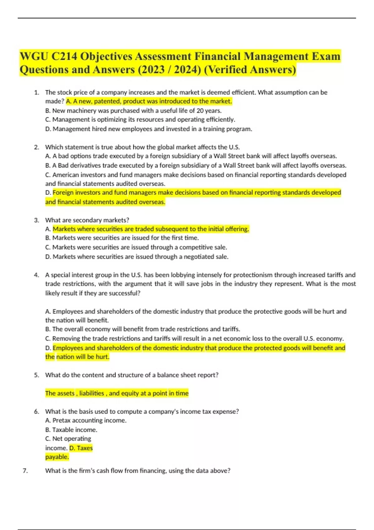 WGU C214 Objectives Assessment Financial Management Exam Questions and ...