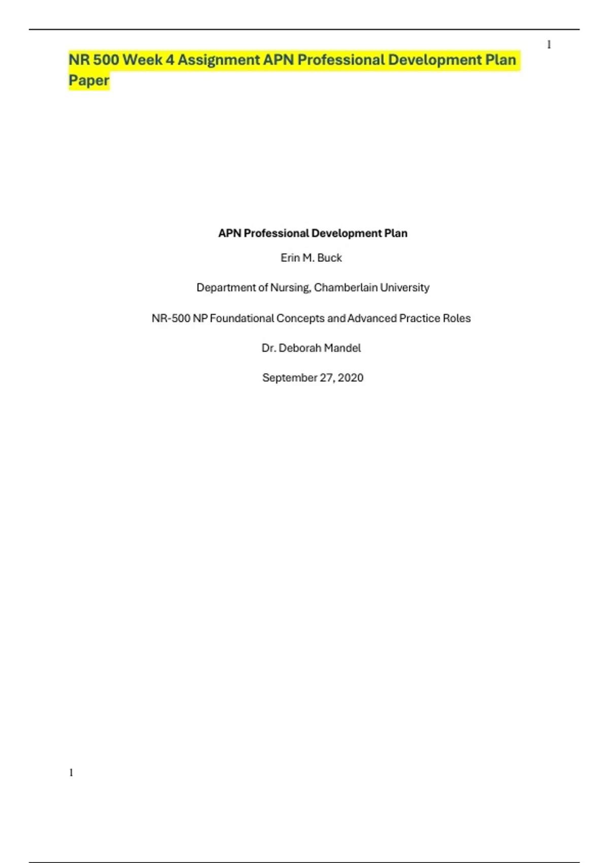 NR 500 Week 4 Assignment APN Professional Development Plan Paper ...
