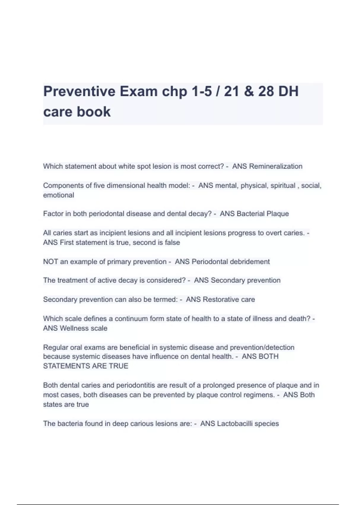 Complete Test Bank Primary Preventive Dentistry 8th Edition (Chapters128) Questions &Answers