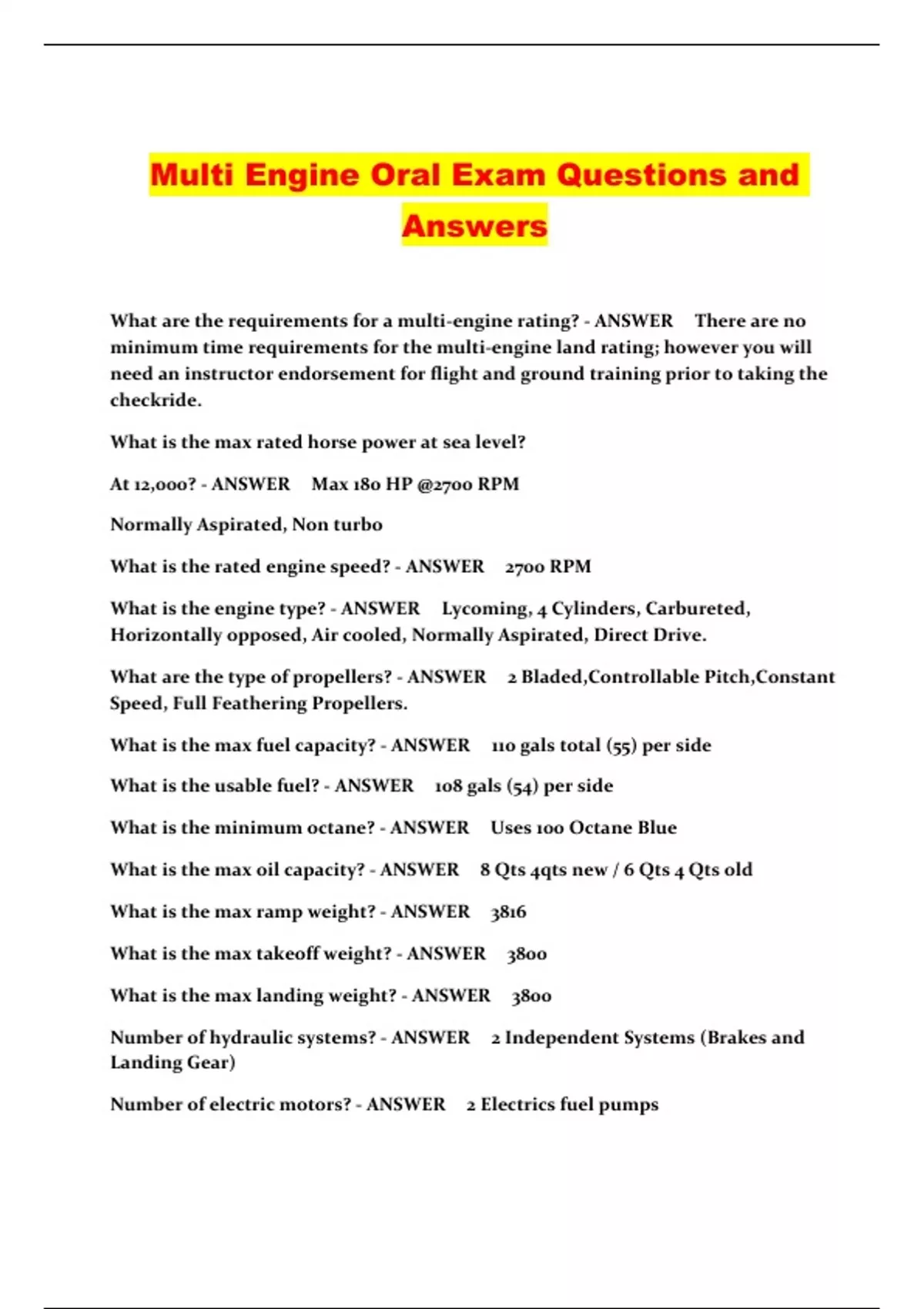 Multi Engine Oral Exam Questions and Answers - Multi Engine Oral