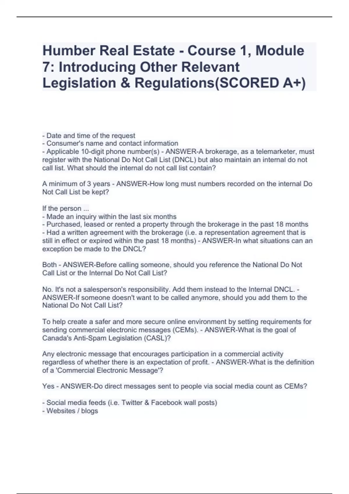 Humber Real Estate Course 1, Module 7 Introducing Other Relevant