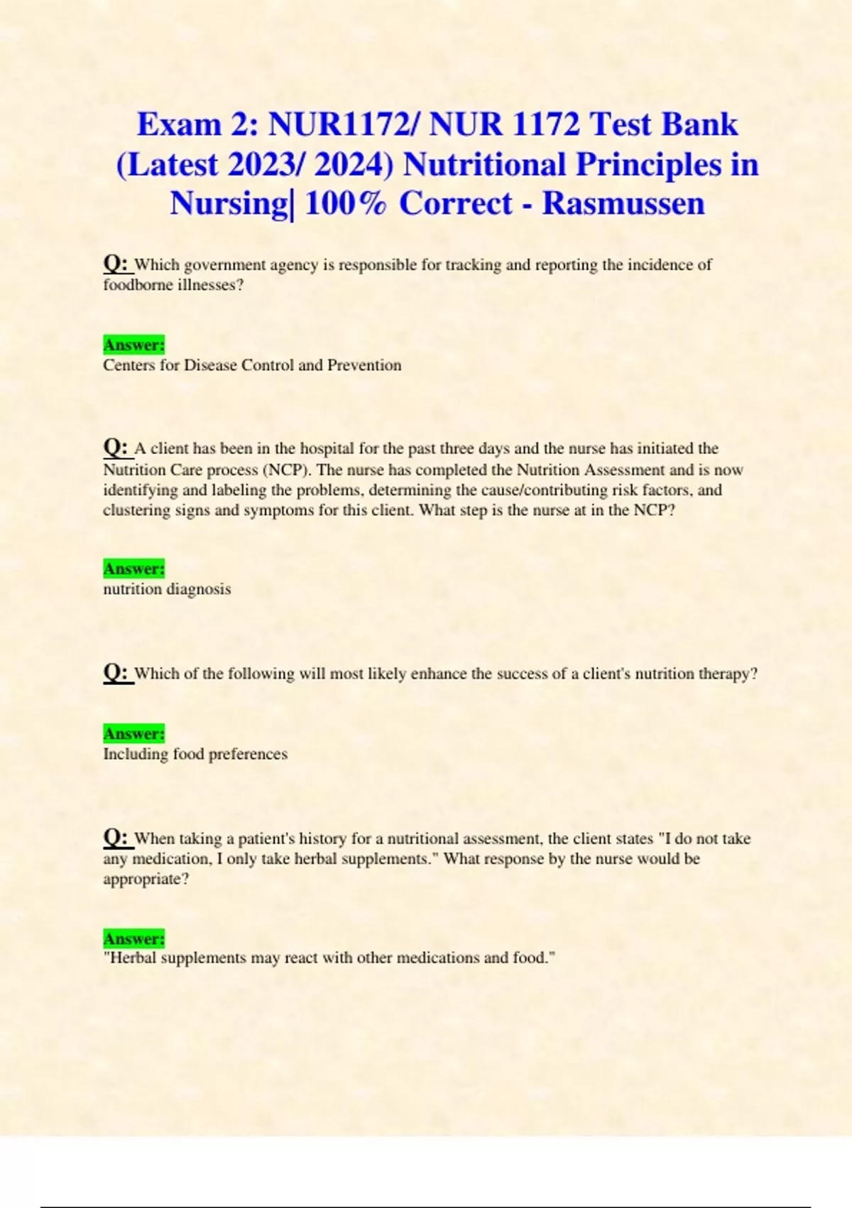 Exam 2 Nur1172 Nur 1172 Test Bank Latest 2023 2024 Nutritional