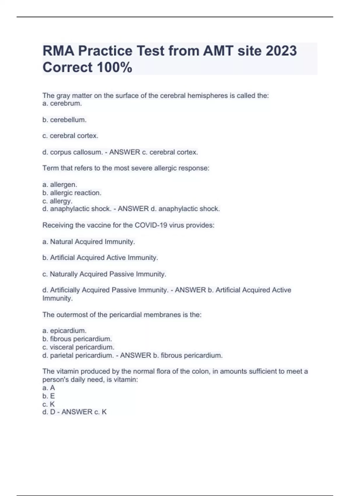 RMA Practice Test from AMT site 2023 Correct 100 RMA Stuvia US