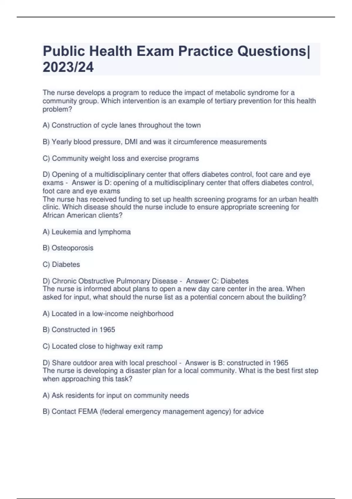 Public Health Exam Practice Questions 2023/24 Public Health Stuvia US