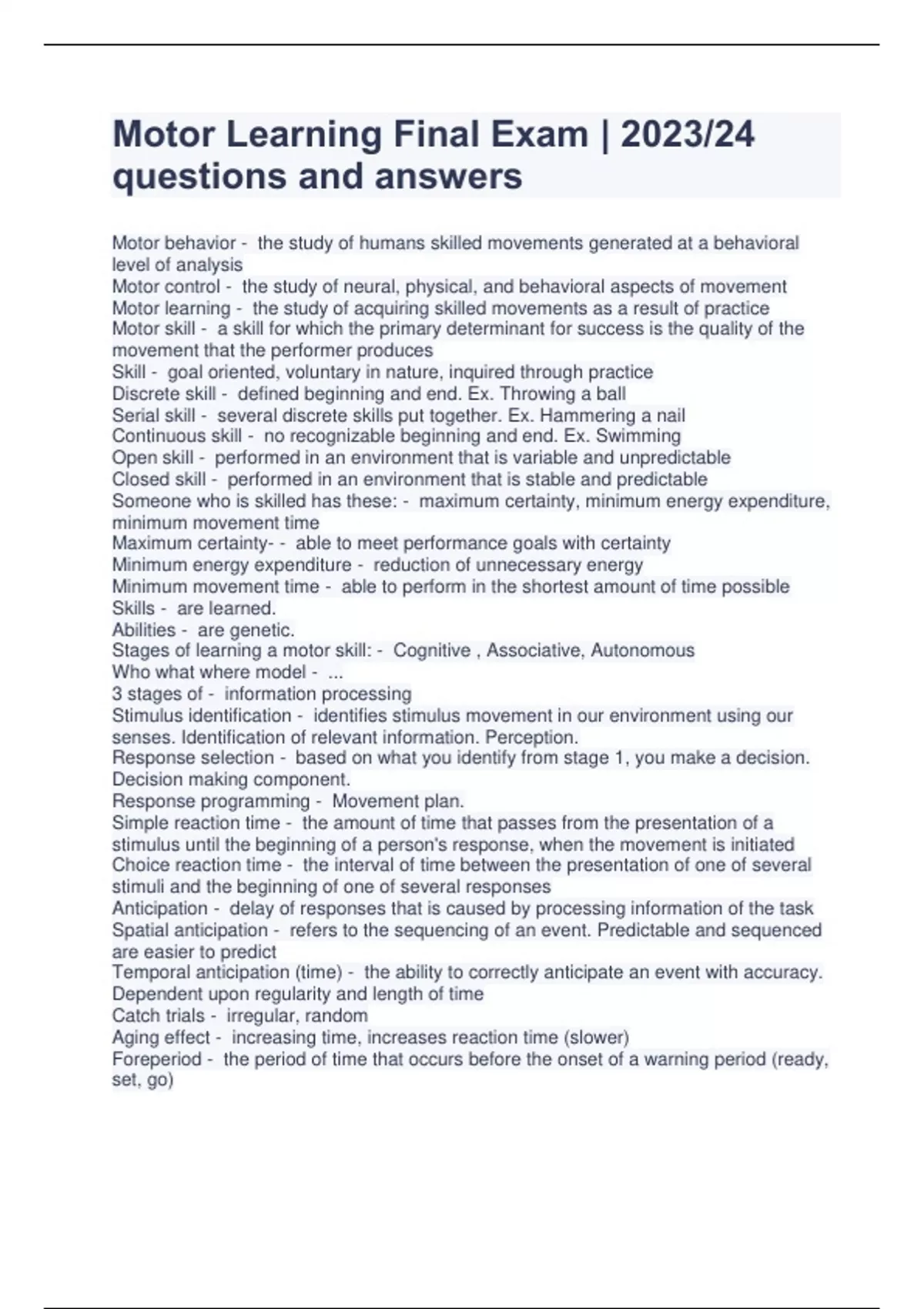 Motor Learning Final Exam 2023/24 questions and answers Motor Learning Stuvia US