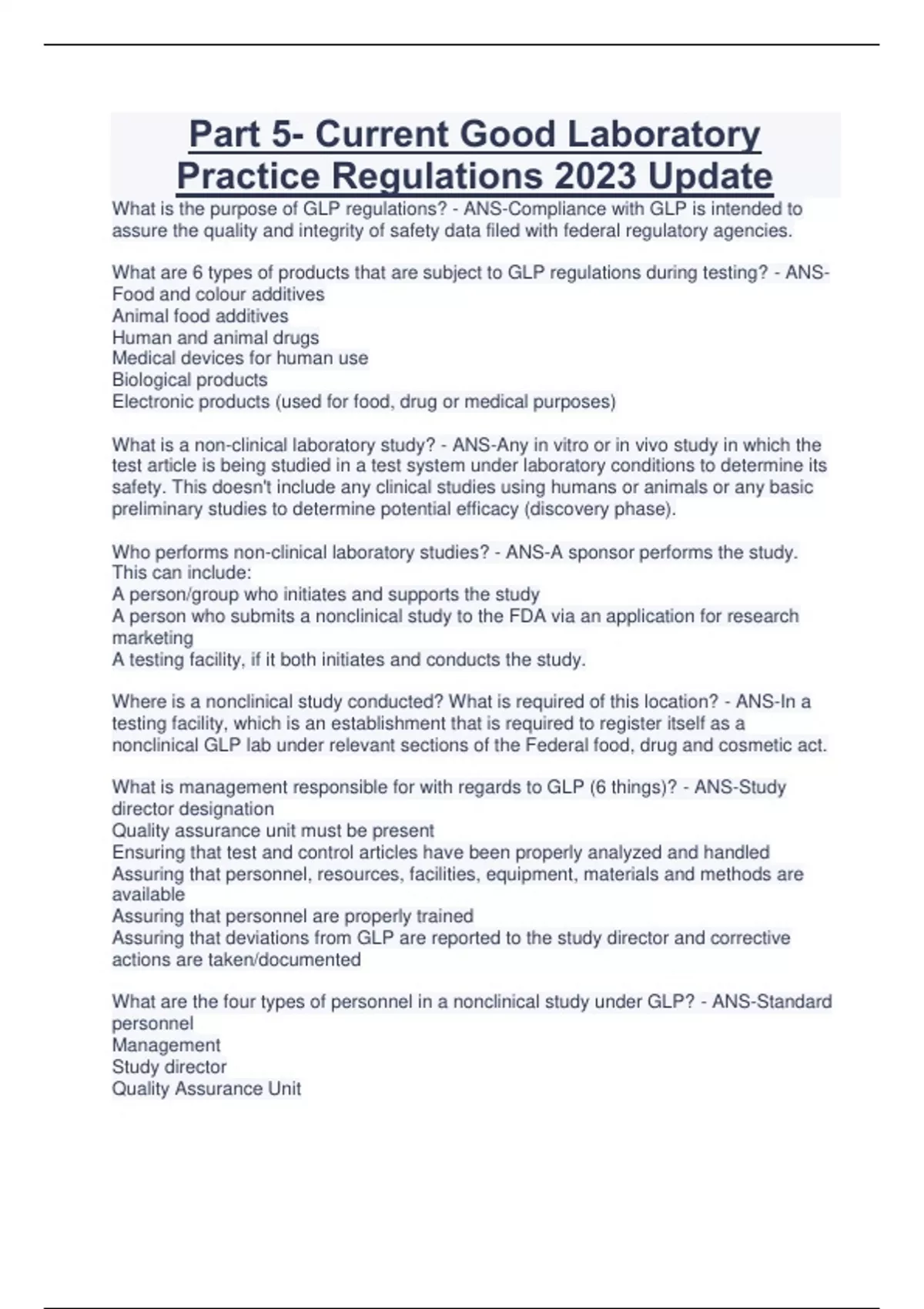 Part 5 Current Good Laboratory Practice Regulations 2023 Update Part