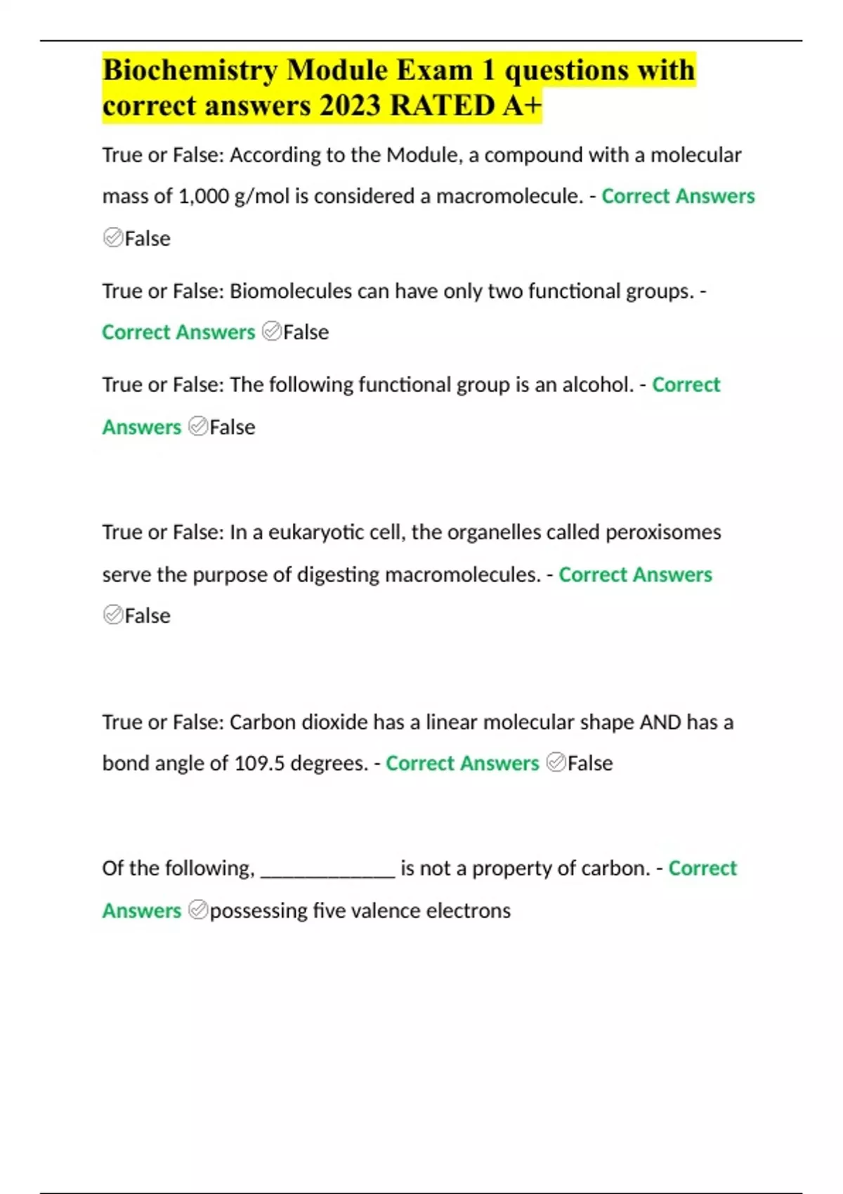 Biochemistry Module Exam 1 questions with correct answers 2023 RATED A+ ...