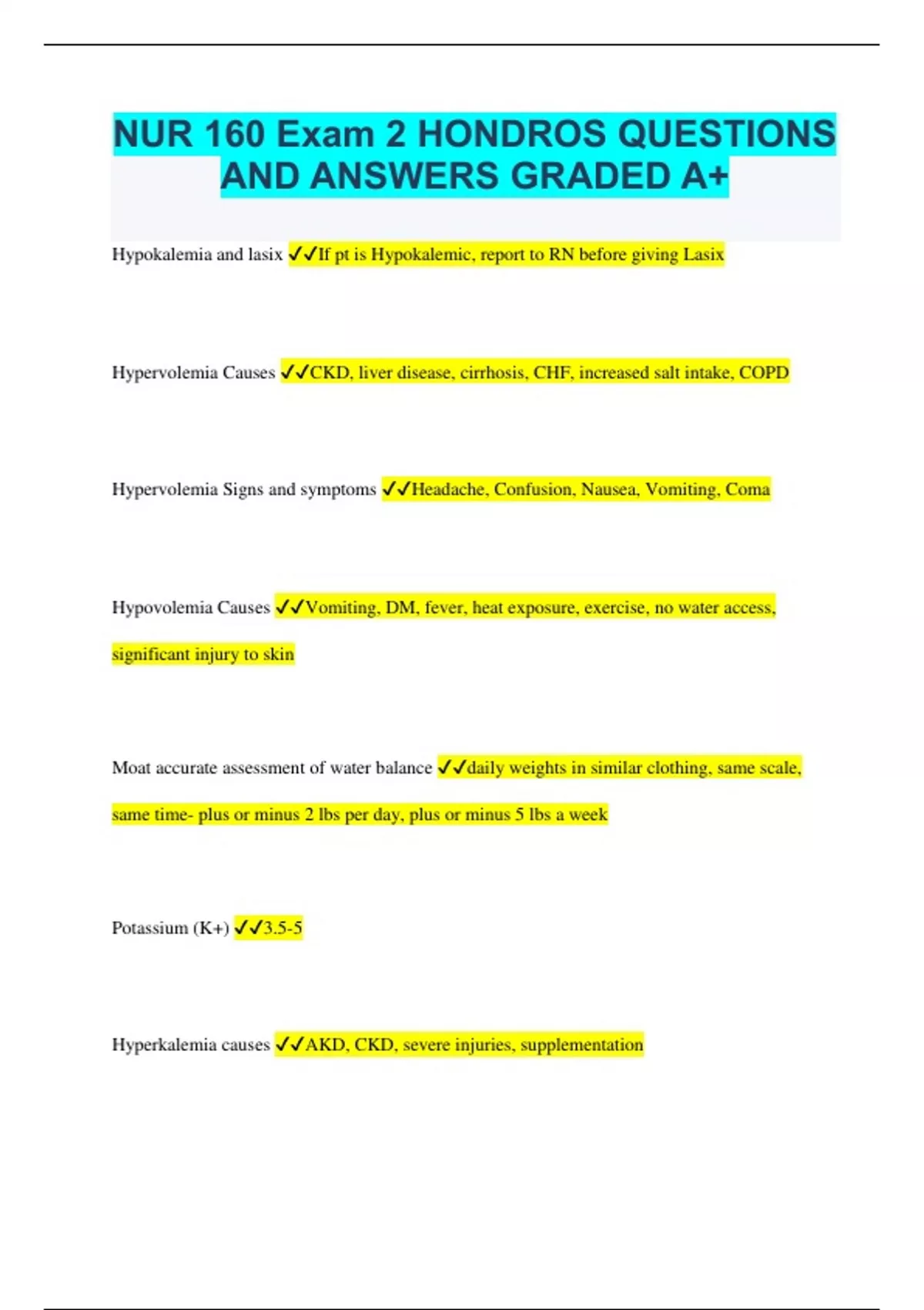 NUR 160 Exam 2 HONDROS QUESTIONS AND ANSWERS GRADED A+ - NUR 160 ...