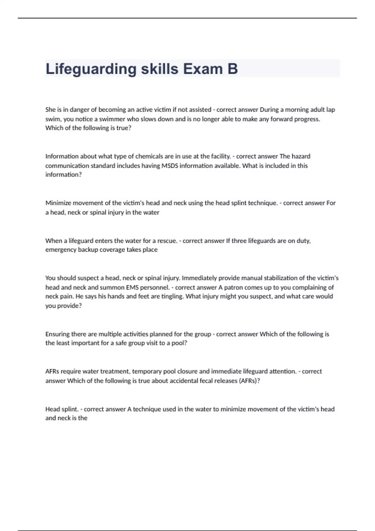 Lifeguarding skills Exam B questions and complete correct answers