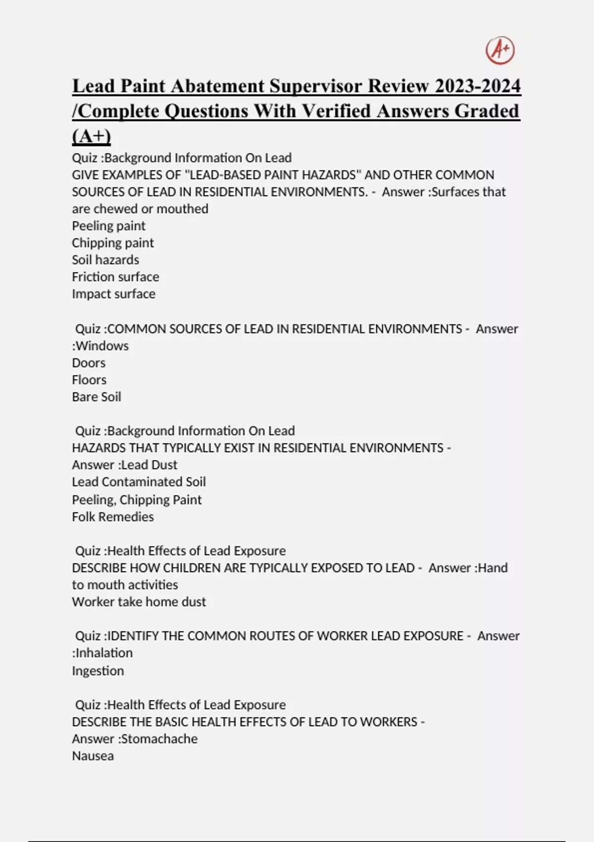 Lead Paint Abatement Supervisor Review Questions With