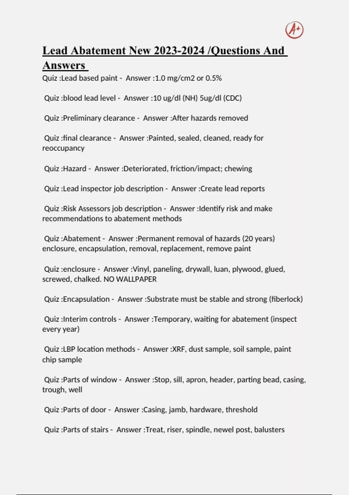 Lead Abatement New /Questions And Answers Lead Abatement New 2023