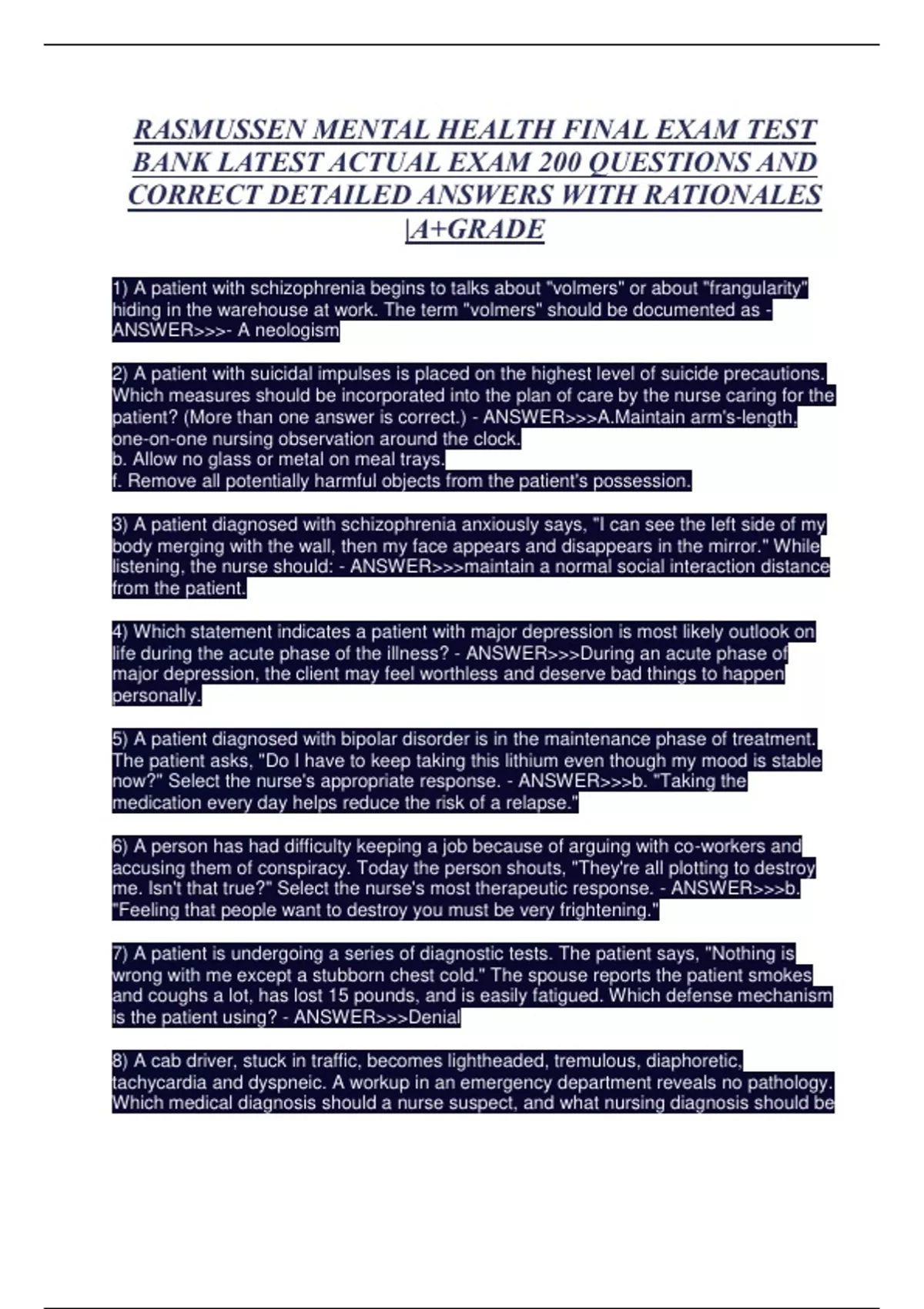 RASMUSSEN MENTAL HEALTH FINAL EXAM TEST BANK LATEST ACTUAL EXAM 200