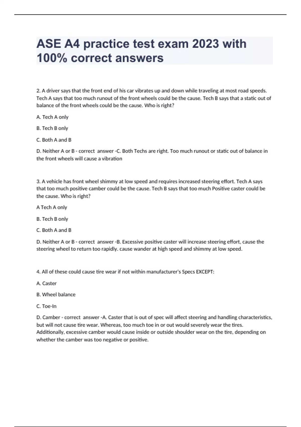 ASE A4 practice test exam 2023 with 100% correct answers - ASE - Stuvia US