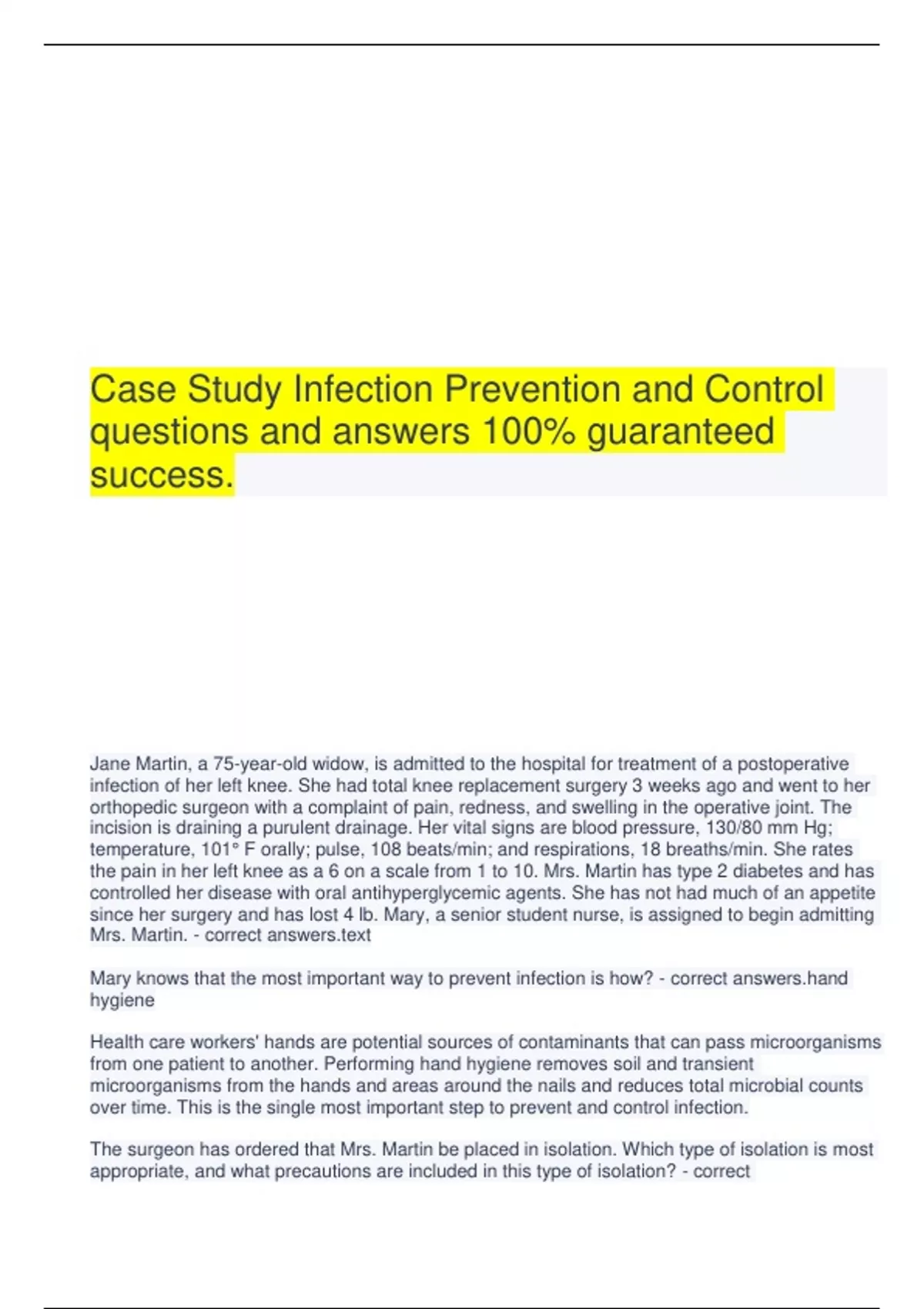 Case Study Infection Prevention and Control questions and answers 100