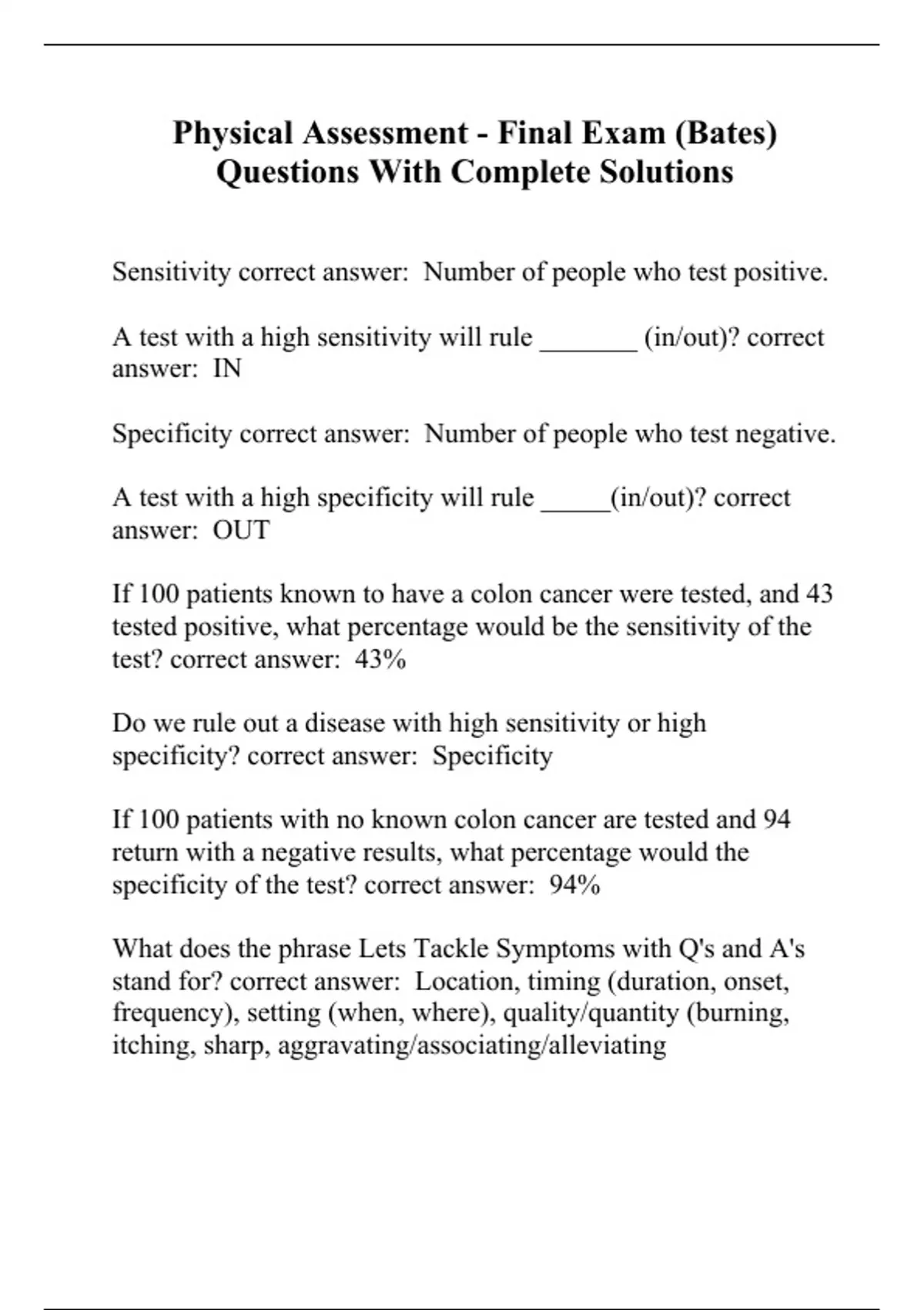 Physical Assessment Final Exam (Bates) Questions With Complete