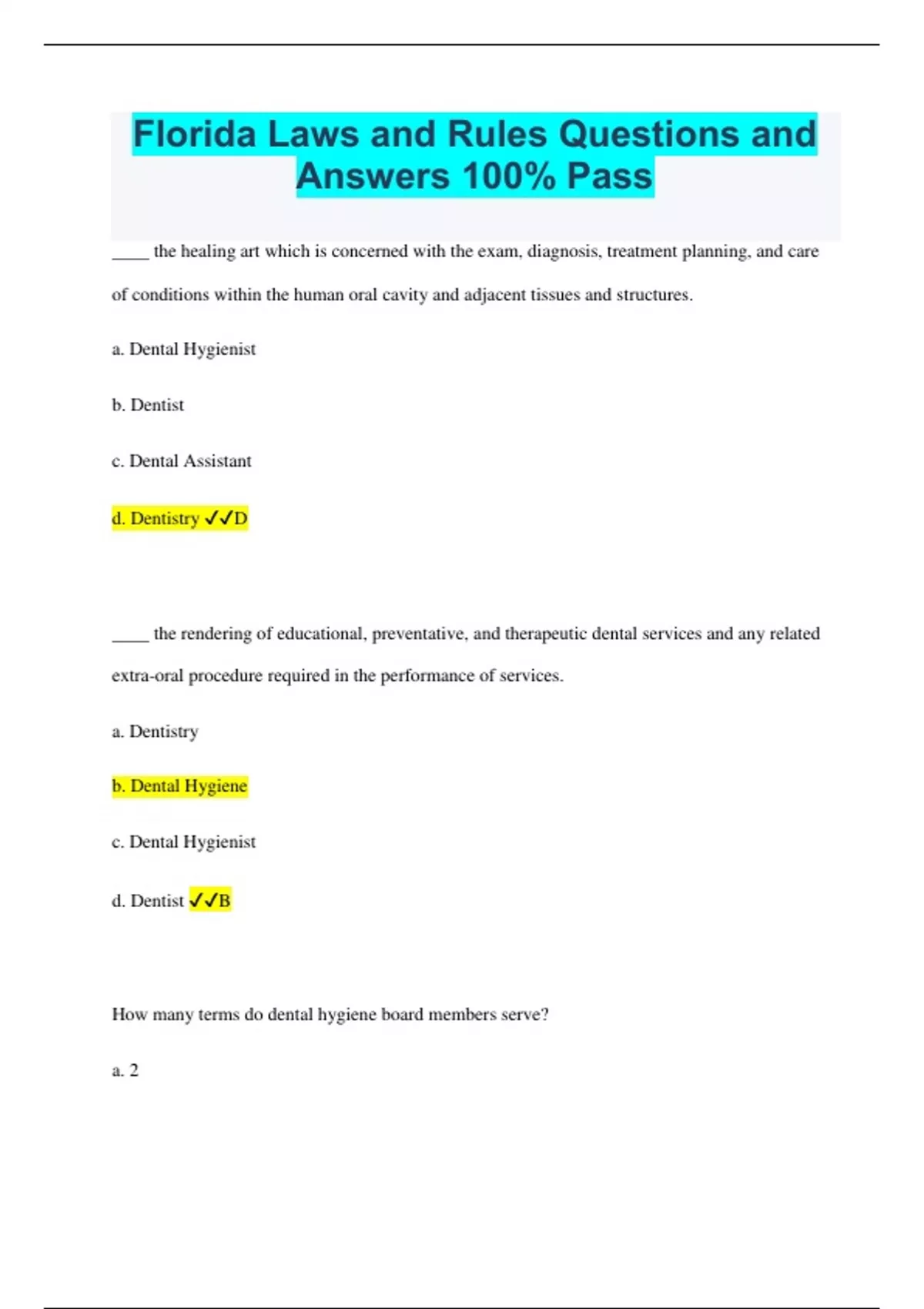 Dental Hygiene florida Laws and Rules Questions and Answers 100 Pass