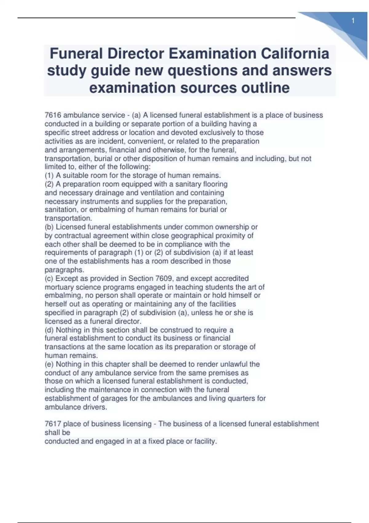 Funeral Director Examination California study guide new questions and