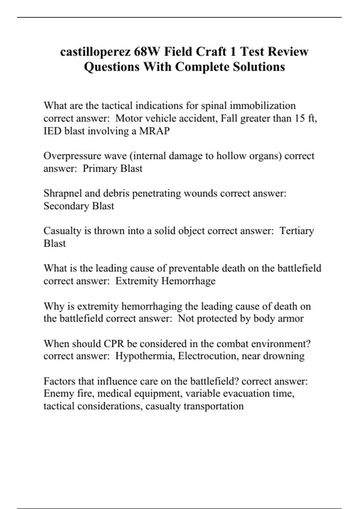 castilloperez 68W Field Craft 1 Test Review Questions With Complete