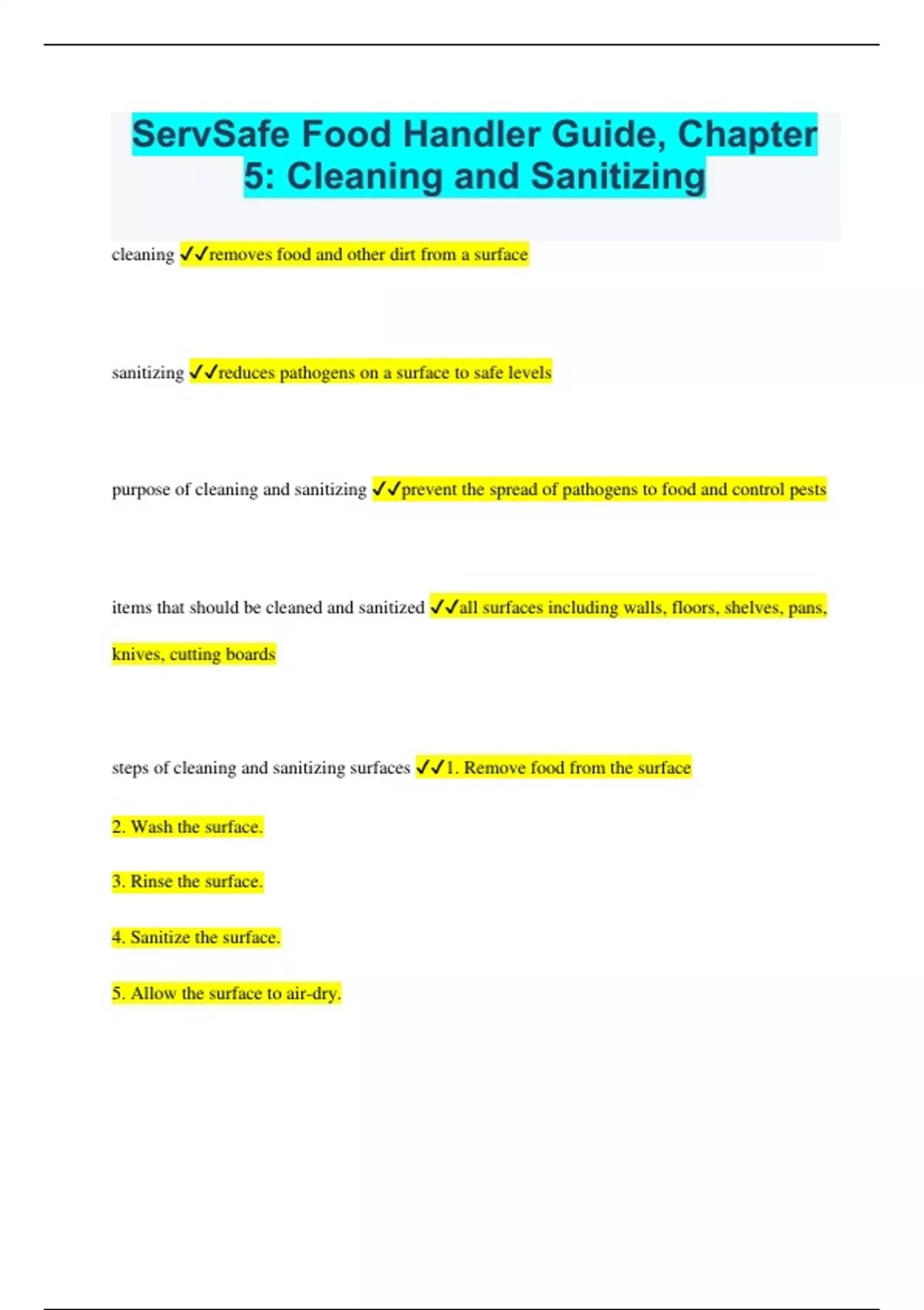 ServSafe Food Handler Guide, Chapter 5 Cleaning and Sanitizing