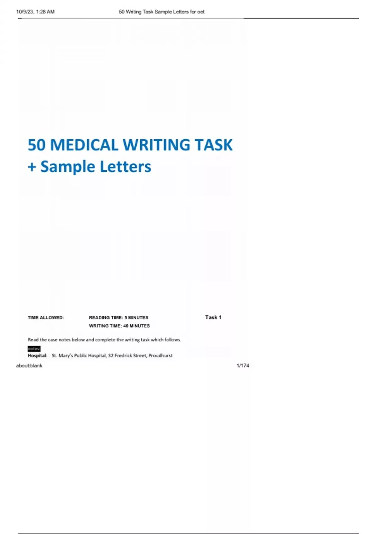 50 MEDICAL WRITING TASK + Sample Letters for oet Nursing Stuvia US