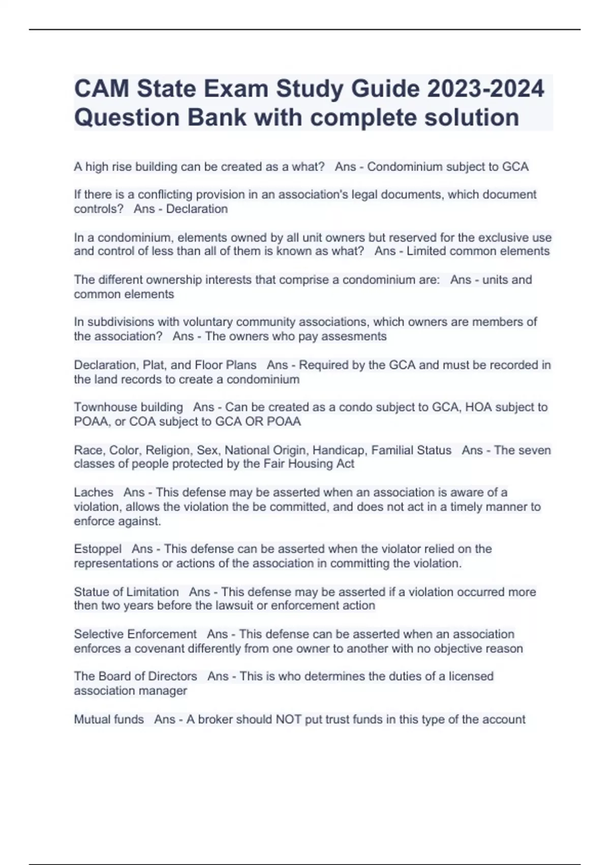 CAM State Exam Study Guide Question Bank with complete solution CAM