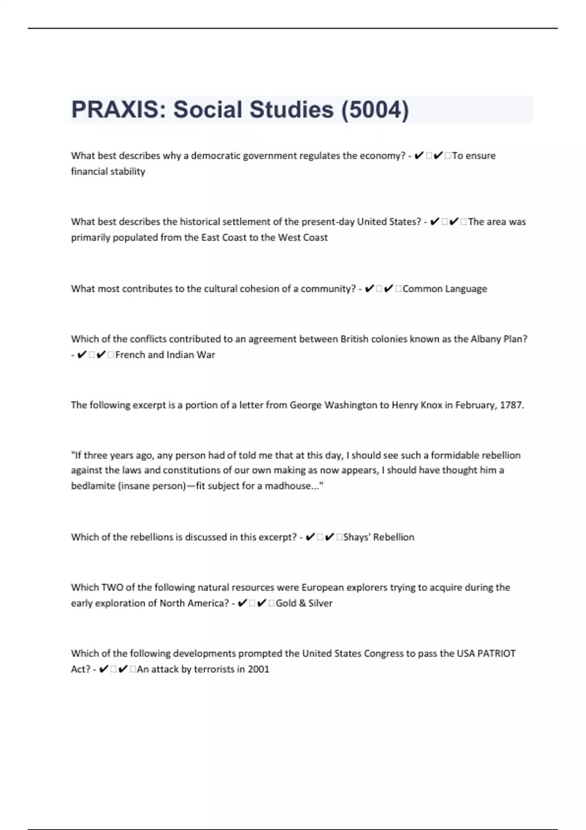 PRAXIS Social Studies (5004) 55 Questions with 100 Correct Answers