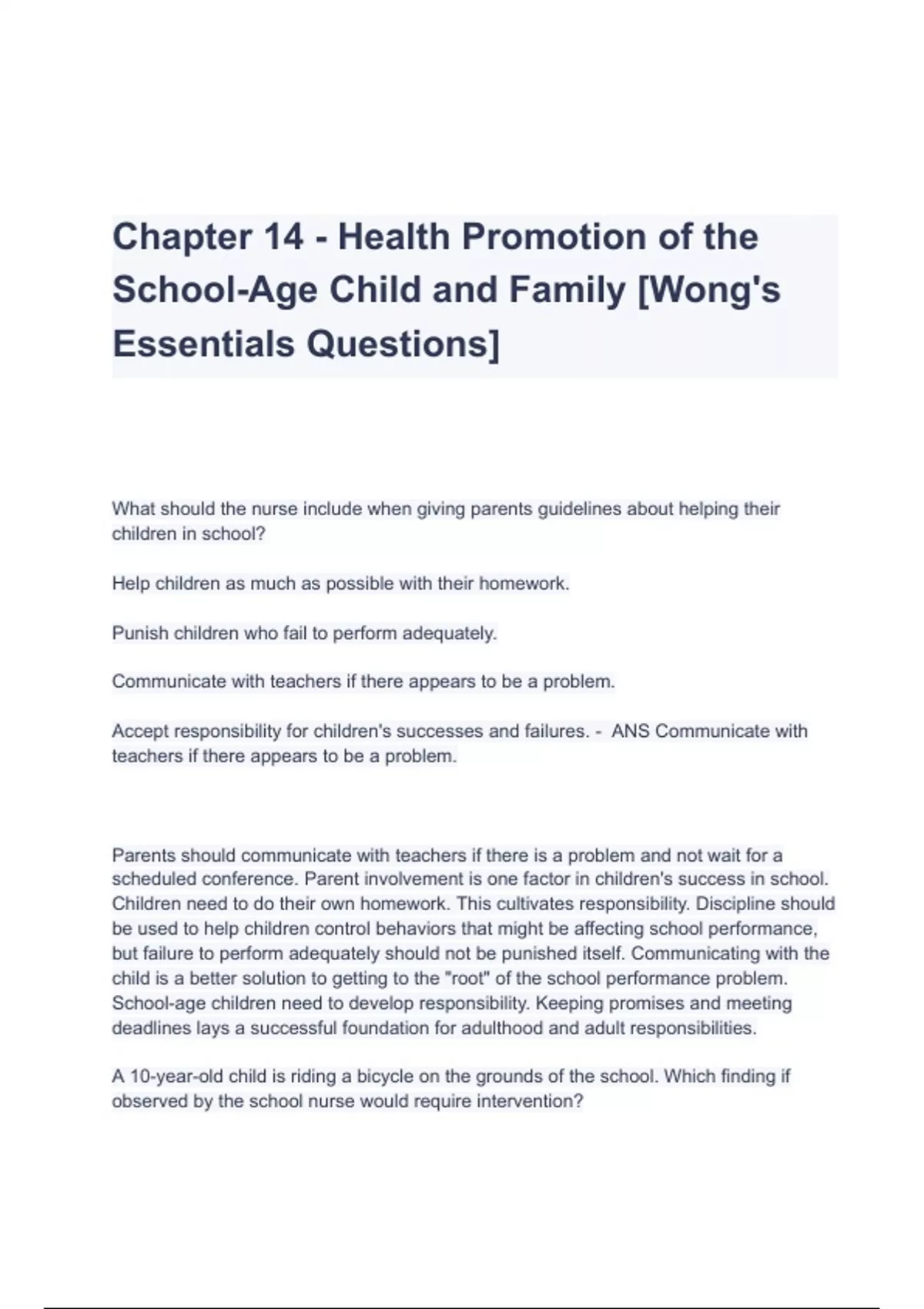 Chapter 14 - Health Promotion of the School-Age Child and Family Test ...