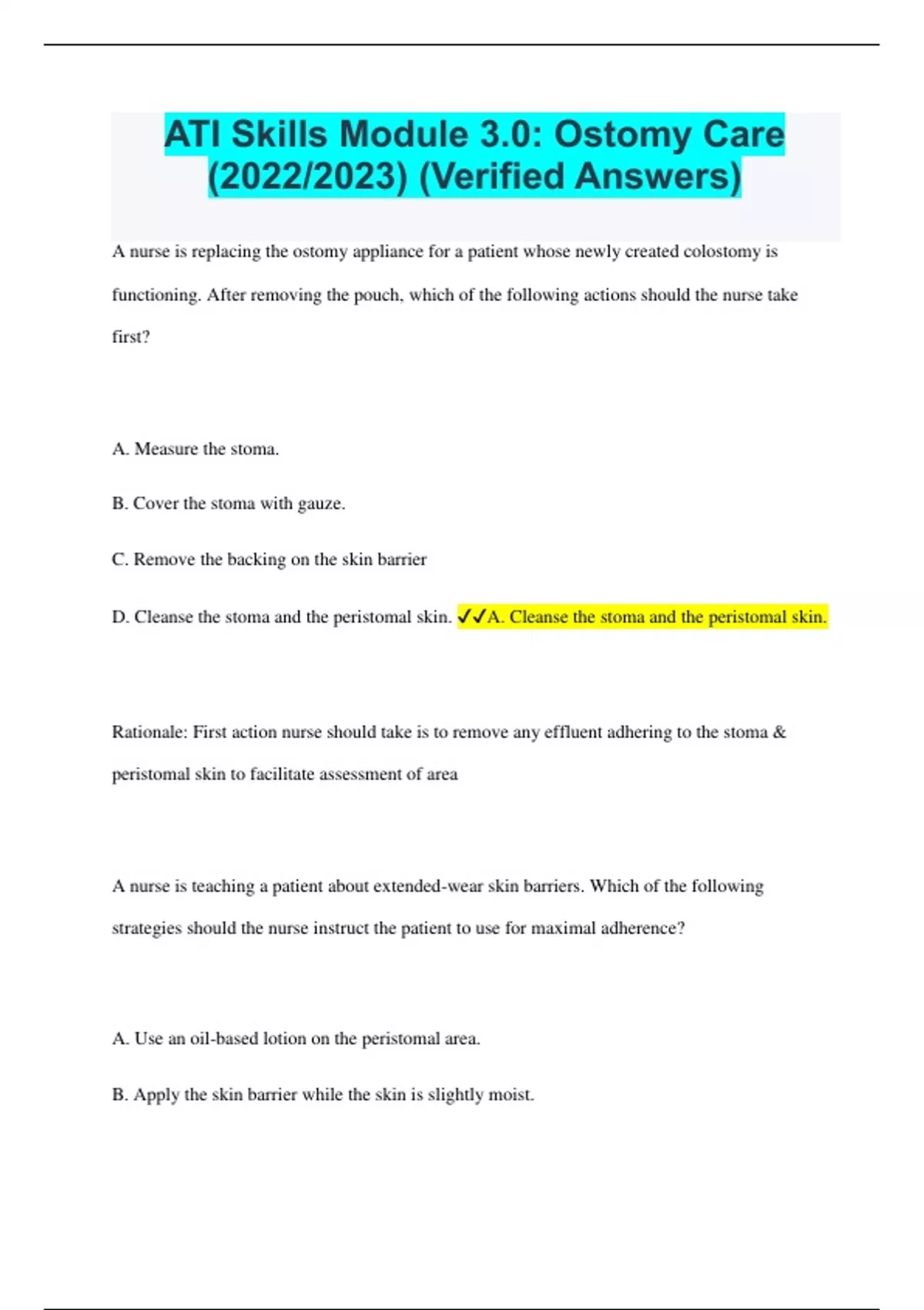 ATI Skills Module 3.0 Ostomy Care (2022/2023) (Verified Answers) ATI