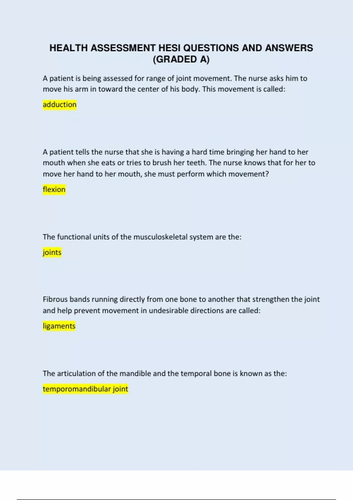 HEALTH ASSESSMENT HESI QUESTIONS AND ANSWERS (GRADED A) Health