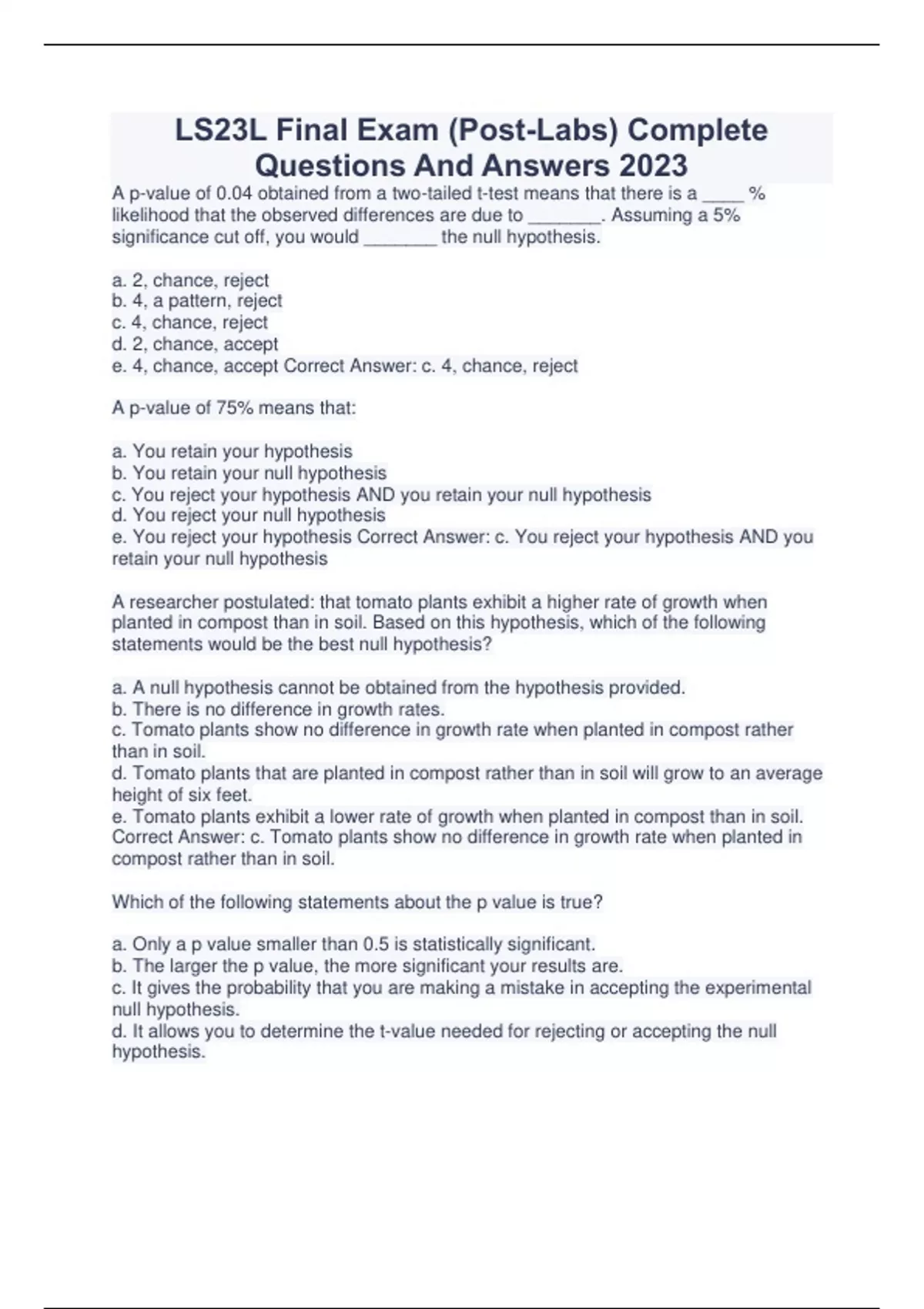 LS23L Final Exam (PostLabs) Complete Questions And Answers 2023