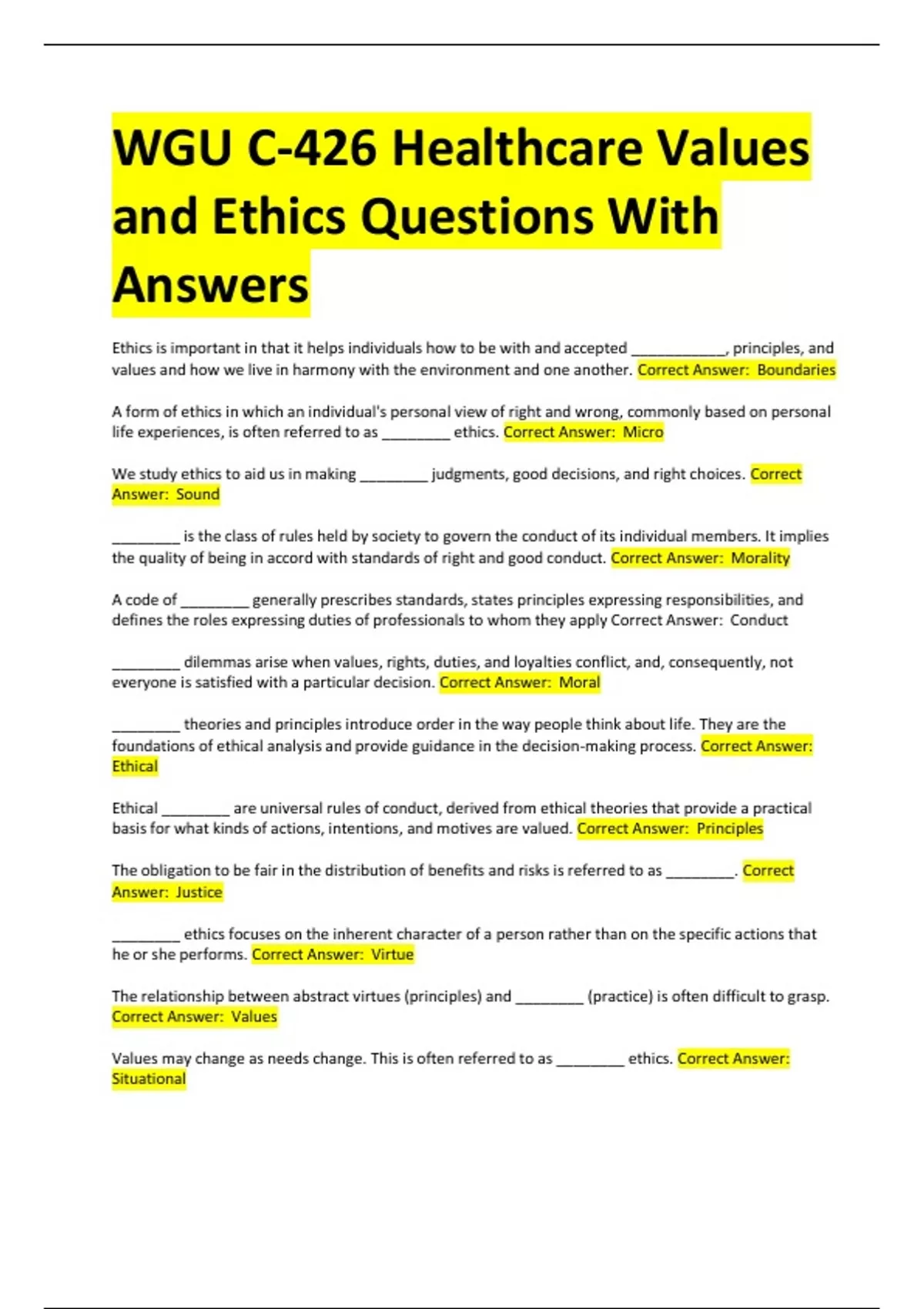WGU C-426 Healthcare Values and Ethics Questions With Answers ...