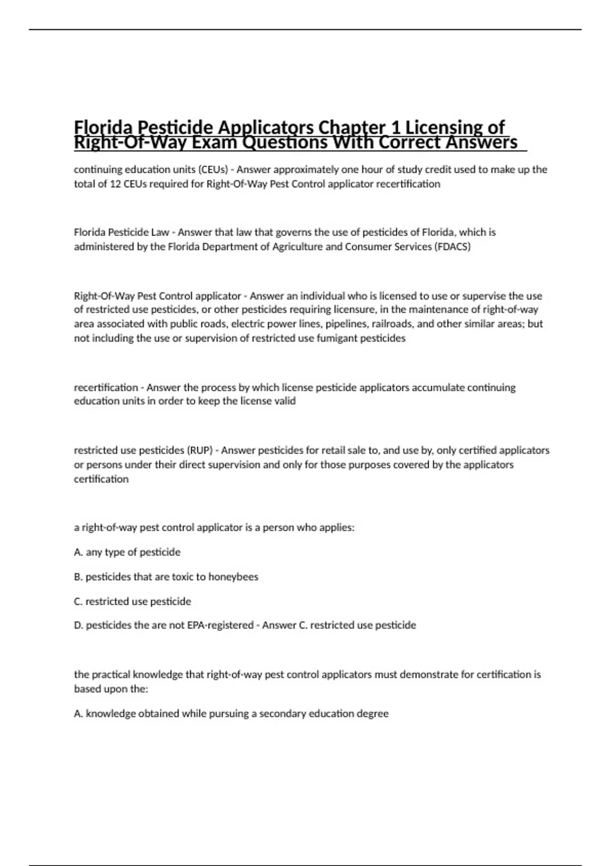 Florida Pesticide Applicators Chapter 1 Licensing of RightOfWay Exam