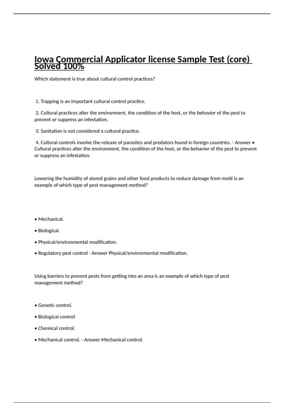 Iowa Commercial Applicator license Sample Test (core) Solved 100