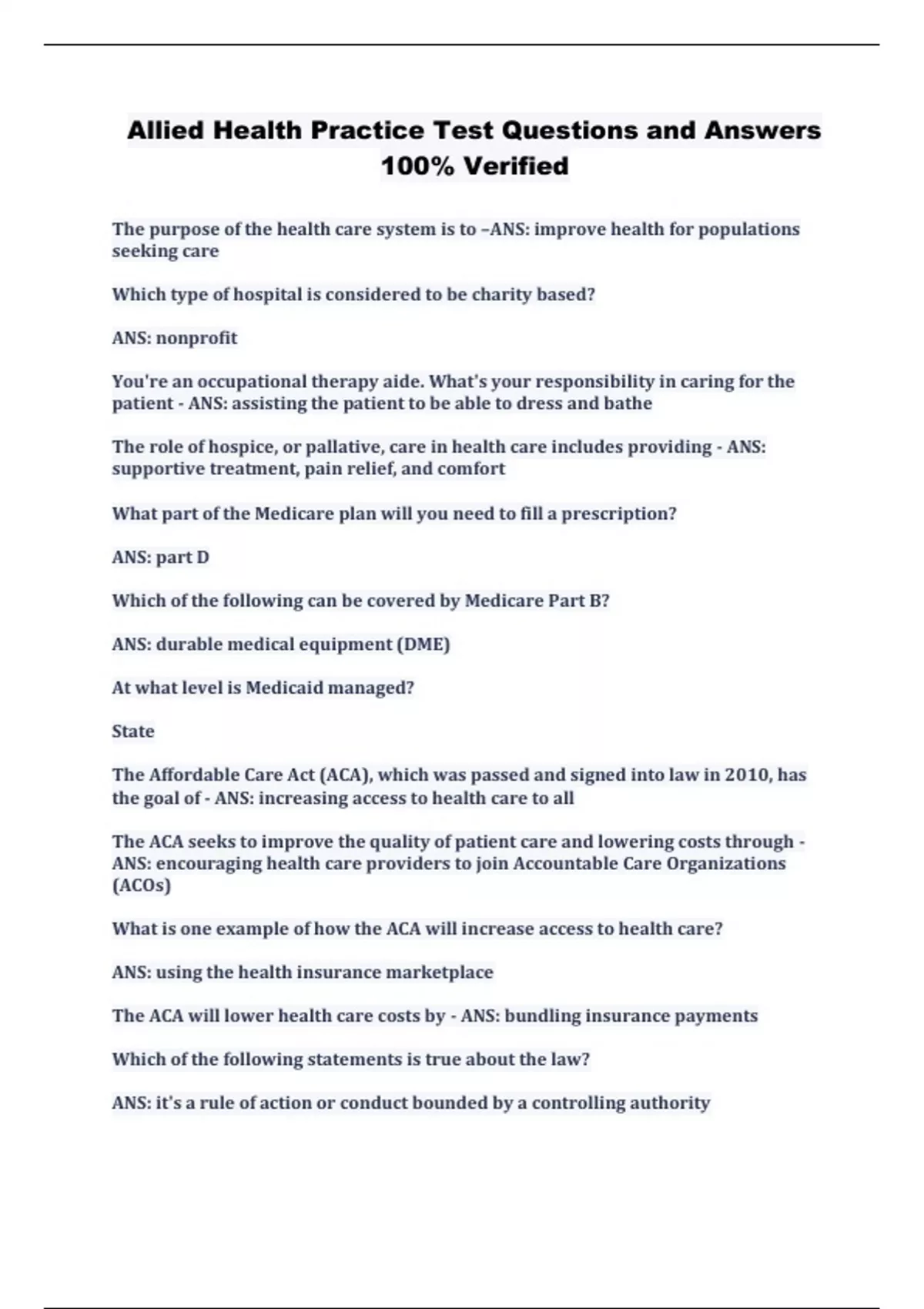 Allied Health Practice Test (100% Verified) Questions and Answers ...