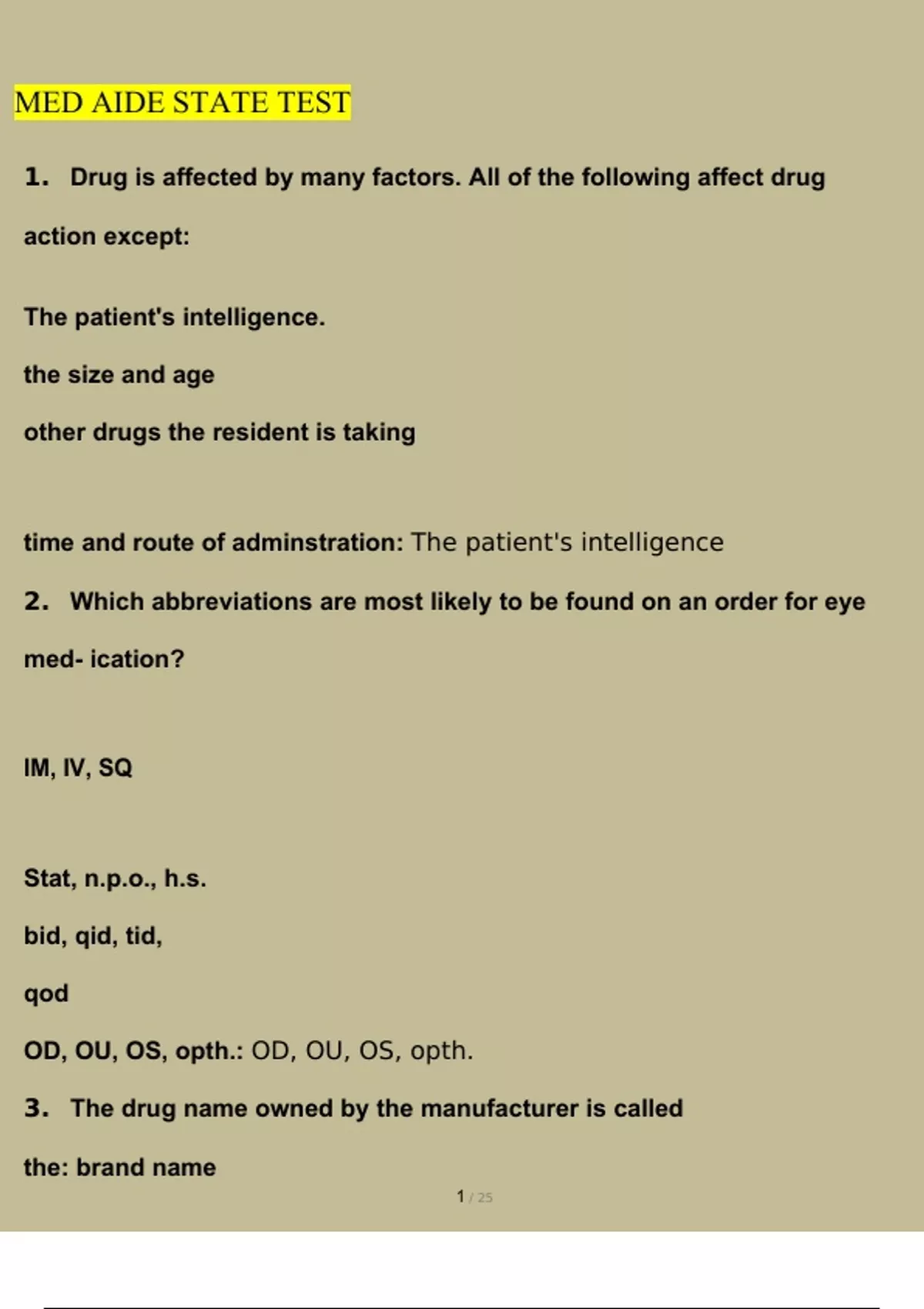 Medication Aide State Test 2025 Newest 100 Correct Answers