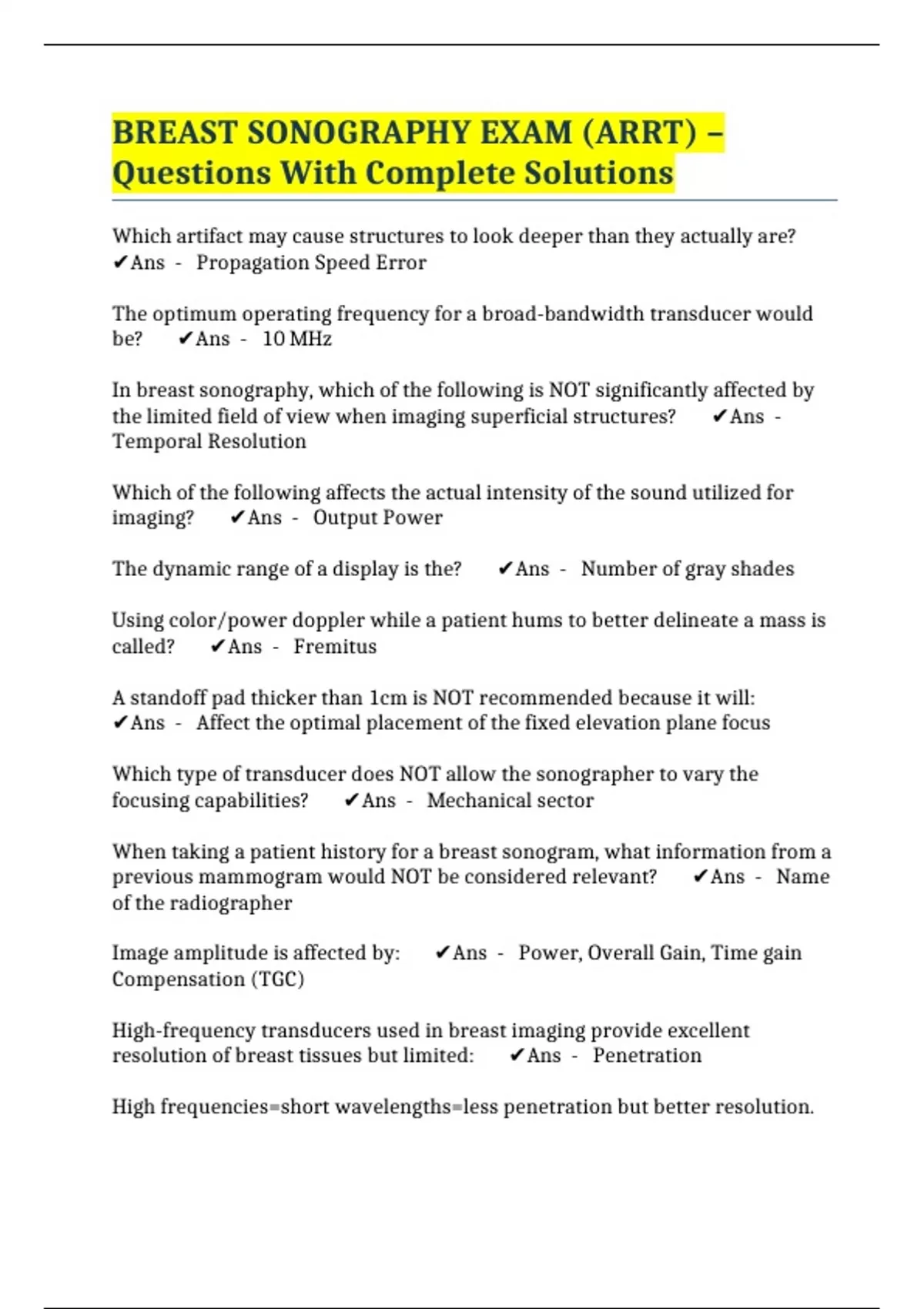 BREAST SONOGRAPHY EXAM (ARRT) – Questions With Complete Solutions ...