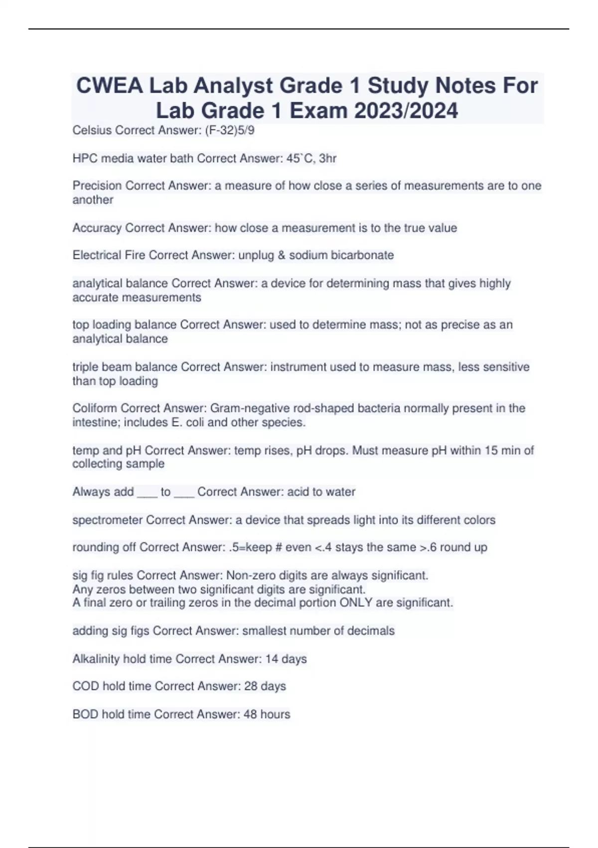 CWEA Lab Analyst Grade 1 Study Notes For Lab Grade 1 Exam 2023/2024