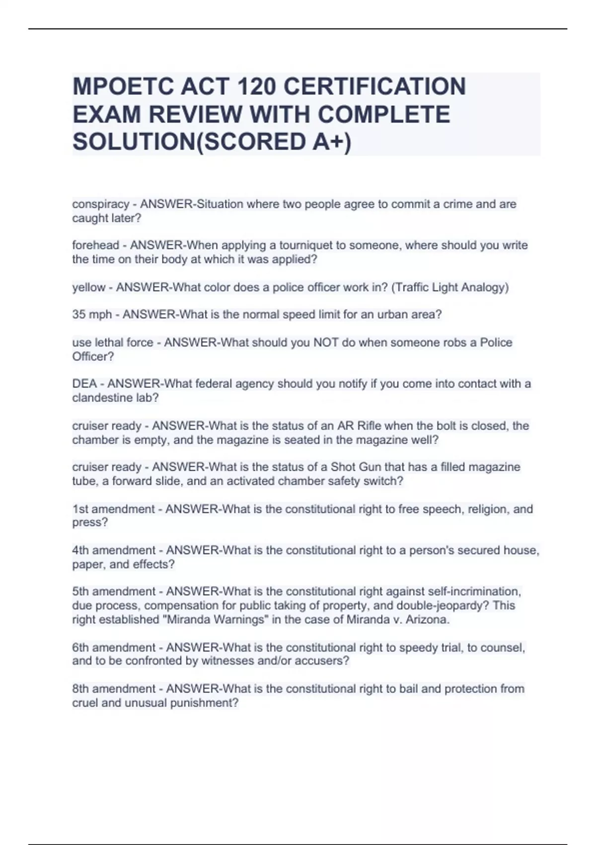 MPOETC ACT 120 CERTIFICATION EXAM REVIEW WITH COMPLETE SOLUTION(SCORED