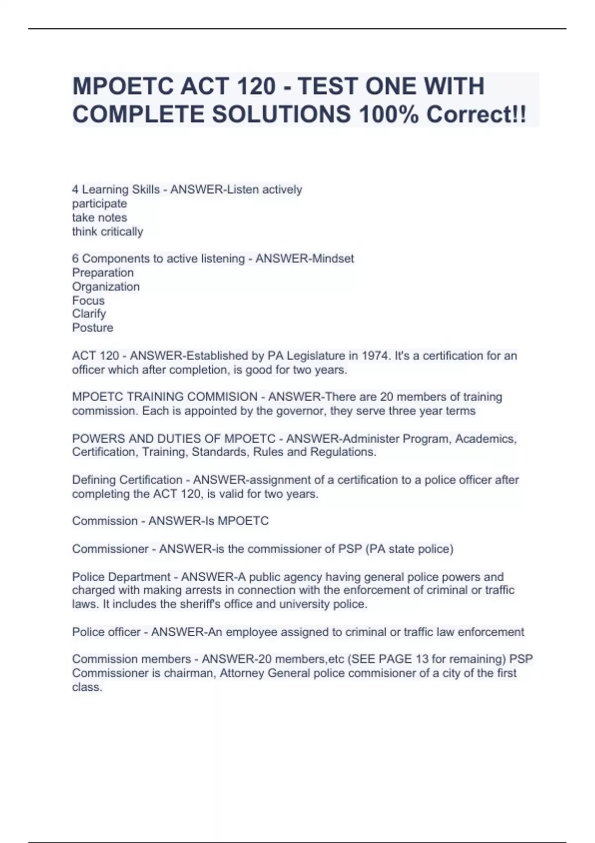 MPOETC ACT 120 TEST ONE WITH COMPLETE SOLUTIONS 100 Correct