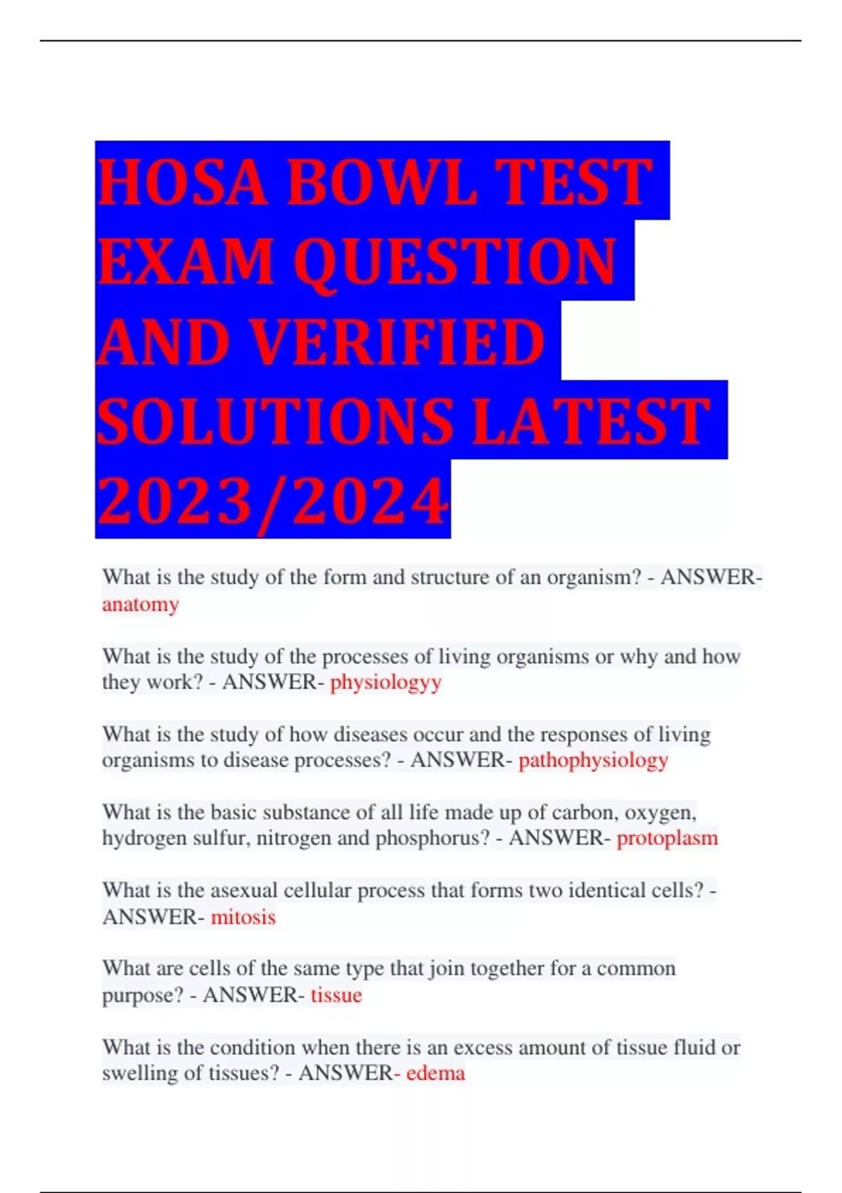 HOSA BOWL TEST EXAM QUESTION AND VERIFIED SOLUTIONS LATEST 2023/2024