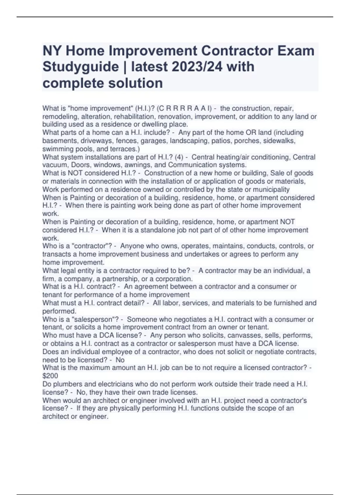 NY Home Improvement Contractor Exam Studyguide | latest 2023/24 with ...