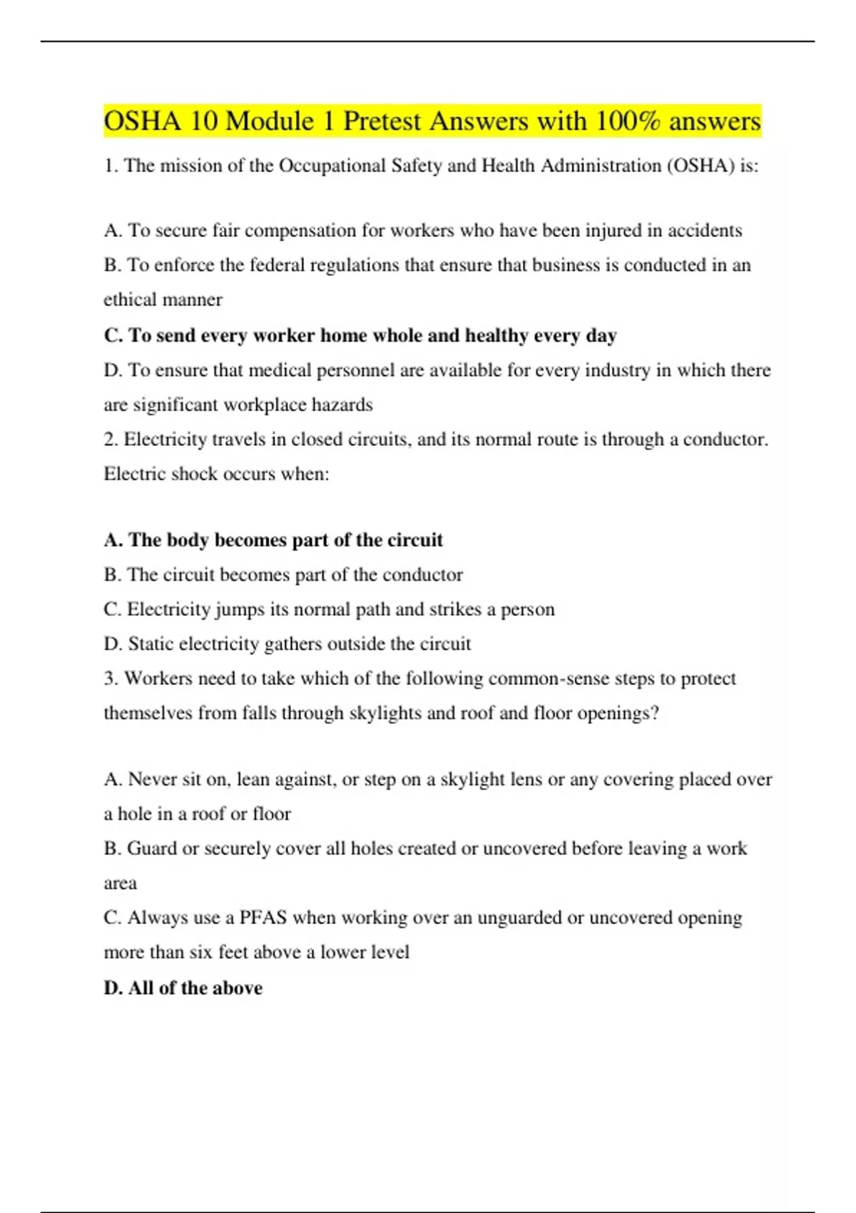 OSHA 10 Module 1 Pretest with 100 correct answers OSHA 10 Stuvia US