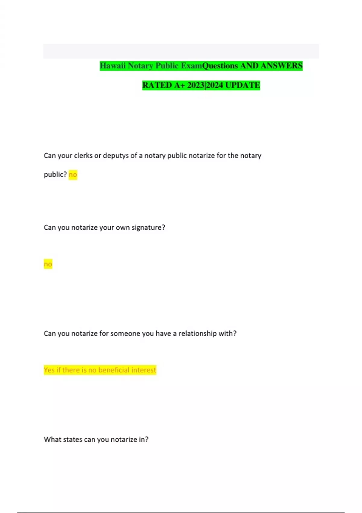 Hawaii Notary Public ExamQuestions AND ANSWERS RATED A+ 20232024