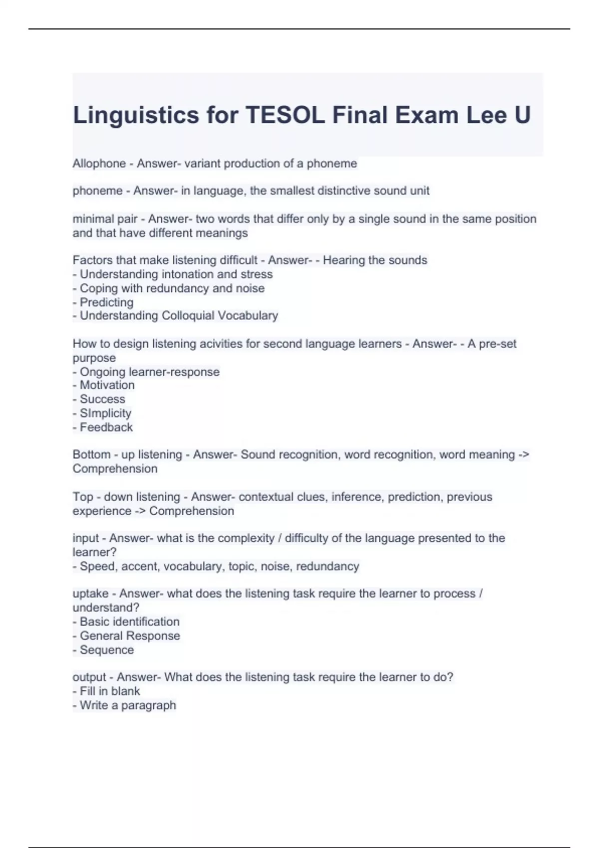 Linguistics for TESOL Final Exam Lee U Questions and Answers TESOL Stuvia US