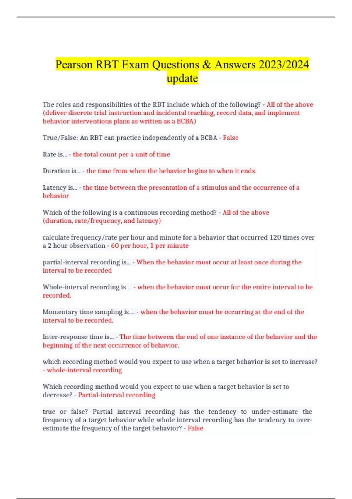 RBT Pearson Exam Questions & Answers 2023/2024 update Pearson RBT