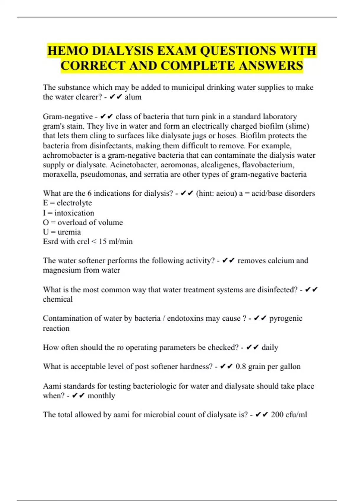 HEMO DIALYSIS EXAM QUESTIONS WITH CORRECT AND COMPLETE ANSWERS Hemo