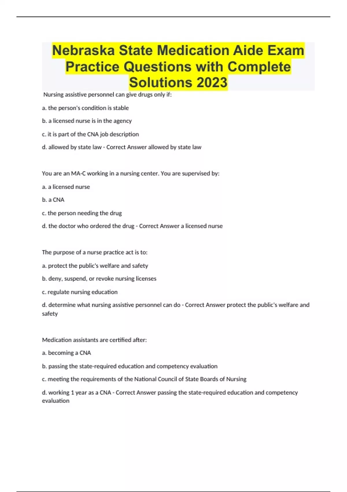 Nebraska State Medication Aide Exam Practice Questions with Complete