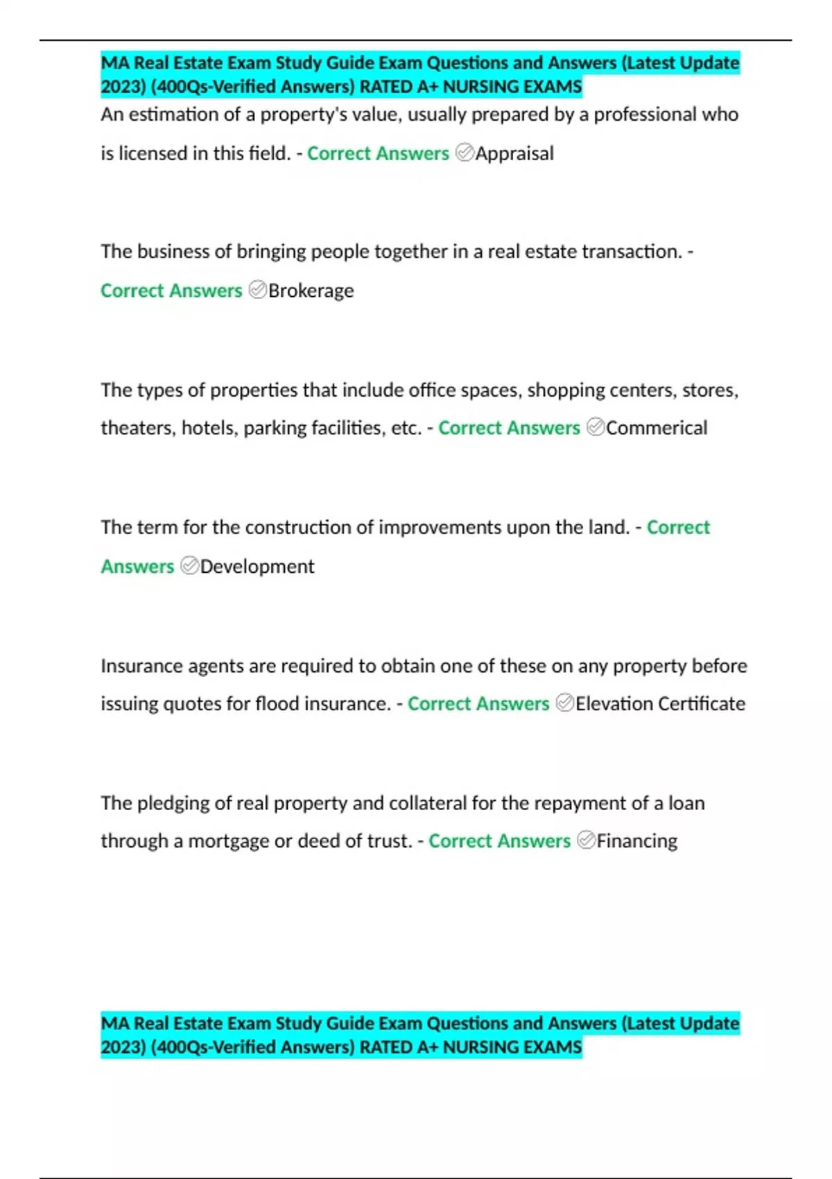 MA Real Estate Exam Study Guide Exam Questions and Answers (Latest