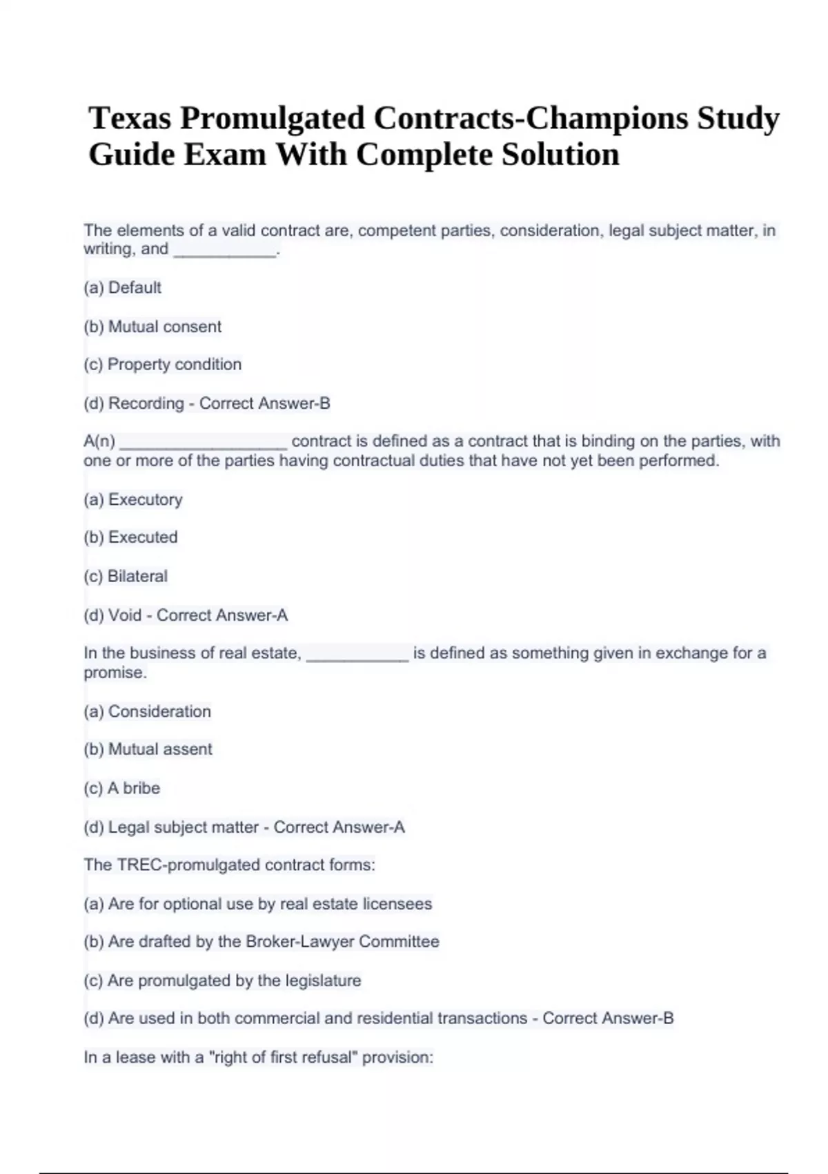 Texas Promulgated ContractsChampions Study Guide Exam With Complete
