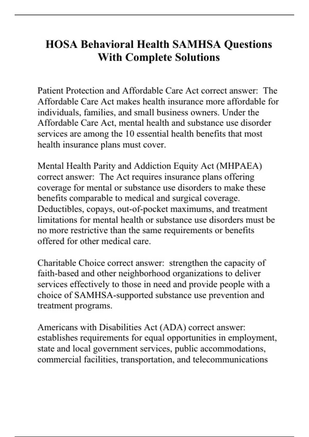 HOSA Behavioral Health SAMHSA Questions With Complete Solutions